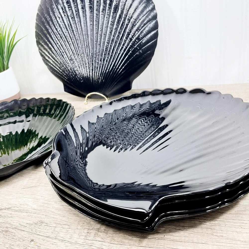 Vintage Arcoroc France Black Glass Seashell Plates Tableware Set of 6